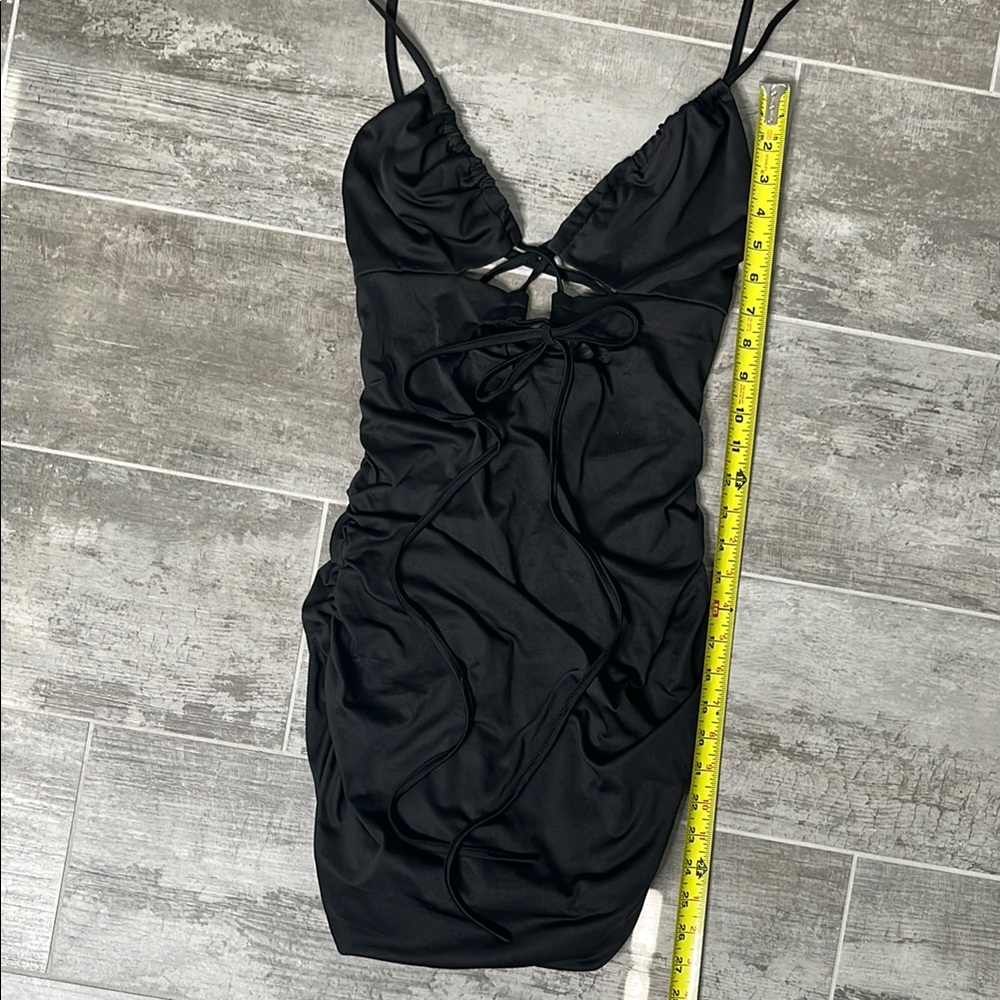 Black Bodycon Mini Dress with Spaghetti Straps - Picture 2 of 6